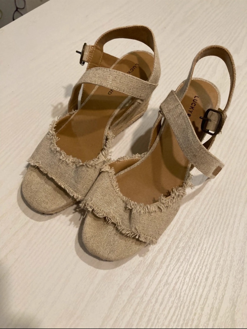 Lucky Brand Natural Beige Frayed Espadrille Wedge Sandals - Picture 3 of 4